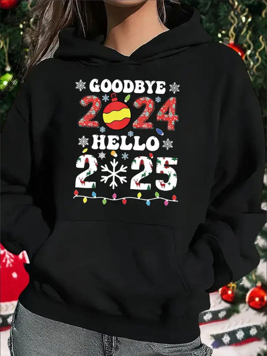 Goodbye 2024 Hello 2025 Snowflake Edition Print Kangaroo Pocket Hoodie, Casual Long Sleeve Hooded Sweatshirt, Women's Clothing